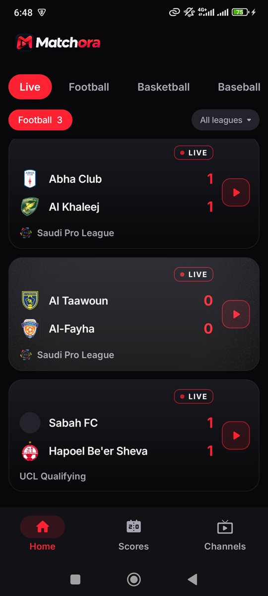 Matchora app showing live football matches with scores